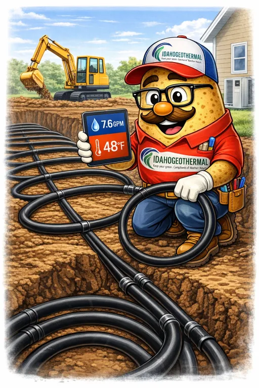 A cartoon character installs geothermal piping in a trench, holding a sign showing 7.6 GPM and 48°F, with an excavator and house in the background.
