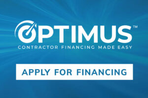 Optimus logo and slogan "Contractor Financing Made Easy" displayed above a button labeled "Apply for Financing" on a blue background, highlighting simple finance options.