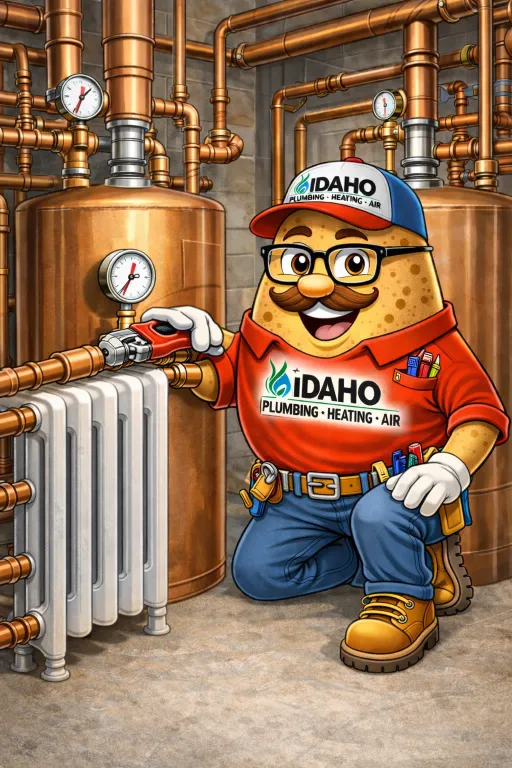 A cartoon plumber in an "Idaho Plumbing Heating Air" uniform adjusts a valve on a radiator, surrounded by copper pipes and water heaters in a boiler room.