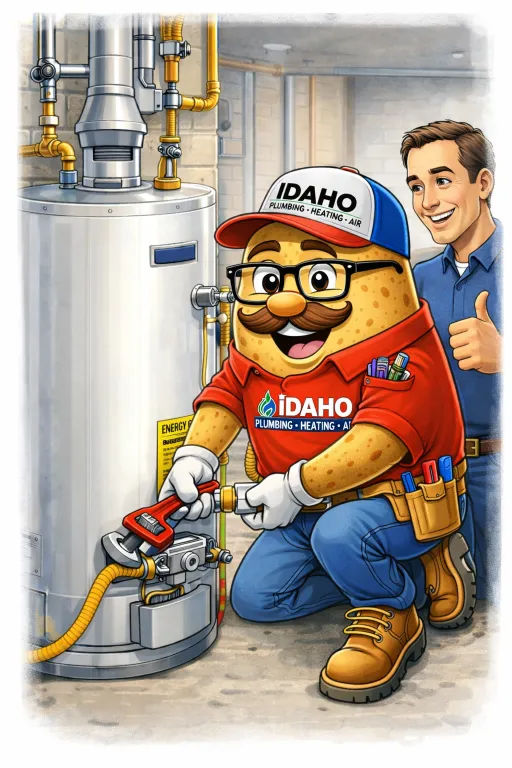Cartoon potato in plumbing uniform repairs a water heater with a wrench, while a smiling man in the background gives a thumbs up.