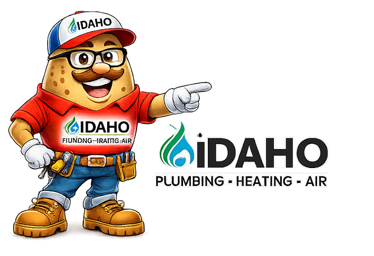 Cartoon potato mascot in work boots, jeans, and a red shirt with "Idaho Plumbing-Heating-Air" logo, pointing to matching company logo text and a contact number on a white background.