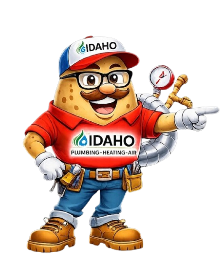Cartoon potato character wearing a plumber’s outfit with “Idaho Plumbing-Heating-Air” logos, tool belt, and gear, smiling and pointing to the side.